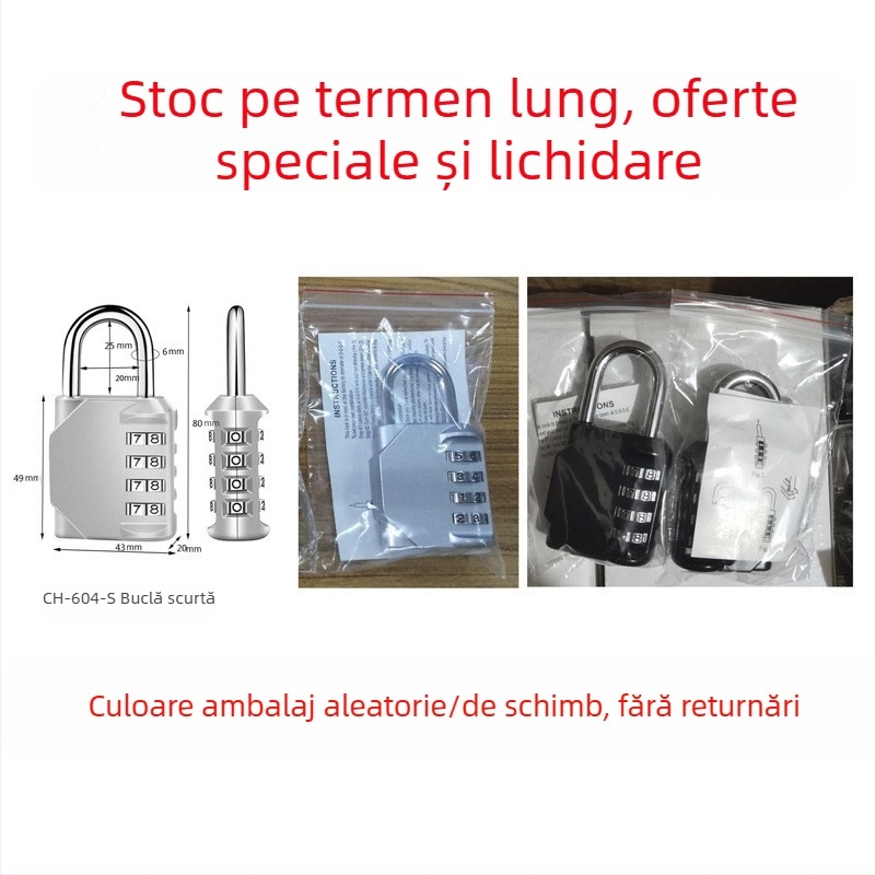 CH-604 aliaj de zinc, încuietoare mecanică cu combinație de 4 cifre pentru dulapuri și bagaje — grosimea tijelor de blocare 6 mm, distanța 20×24 mm