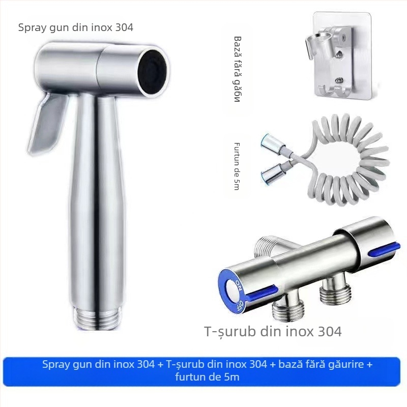 Kit de bidet pentru WC din oțel inoxidabil 304, fără găuri, sub presiune, montat în perete, 1 intrare 2 ieșiri, robinet unghiular — model Stainless Steel Toilet Mate