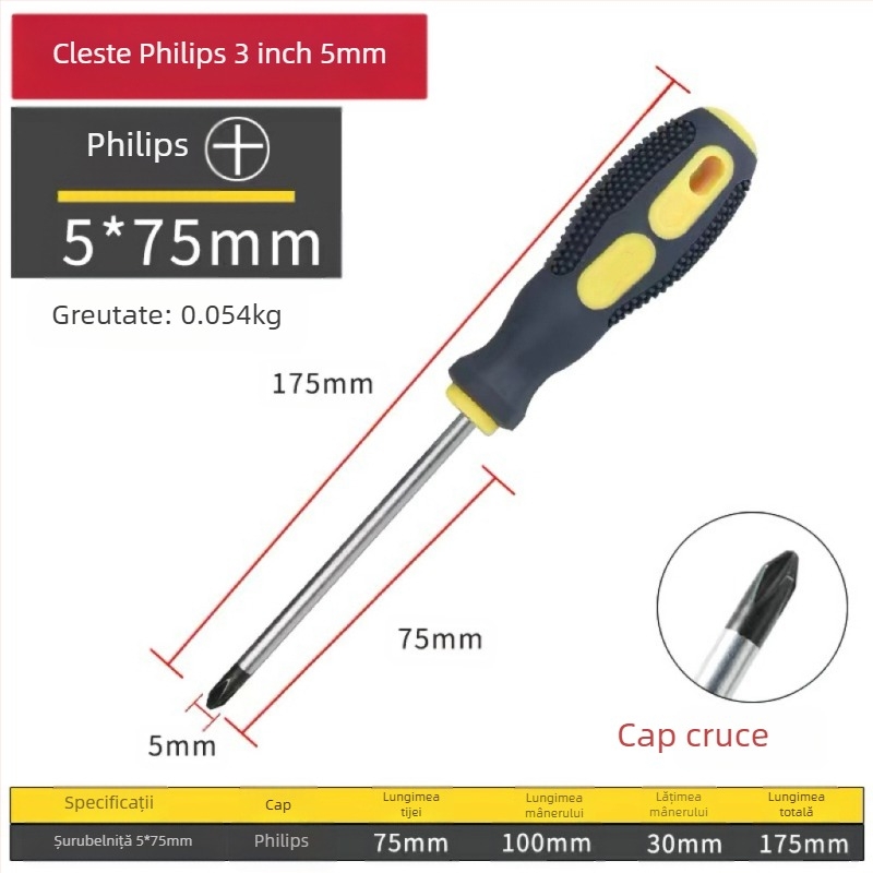 Șurubelniță cu cap încrucișat, magnetică și izolată, din oțel Cr-V crom-vanadiu, cu mâner PP+ABS