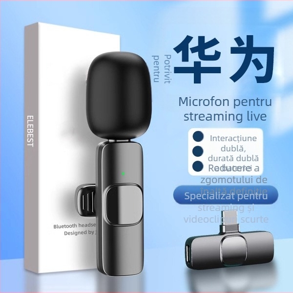 Microfon lavalier cablat pentru difuzare live, cu baterie încorporată de 300–500 mAh, răspuns în frecvențe 100 Hz–20 kHz, SNR ≥75 dB, intrare 5V