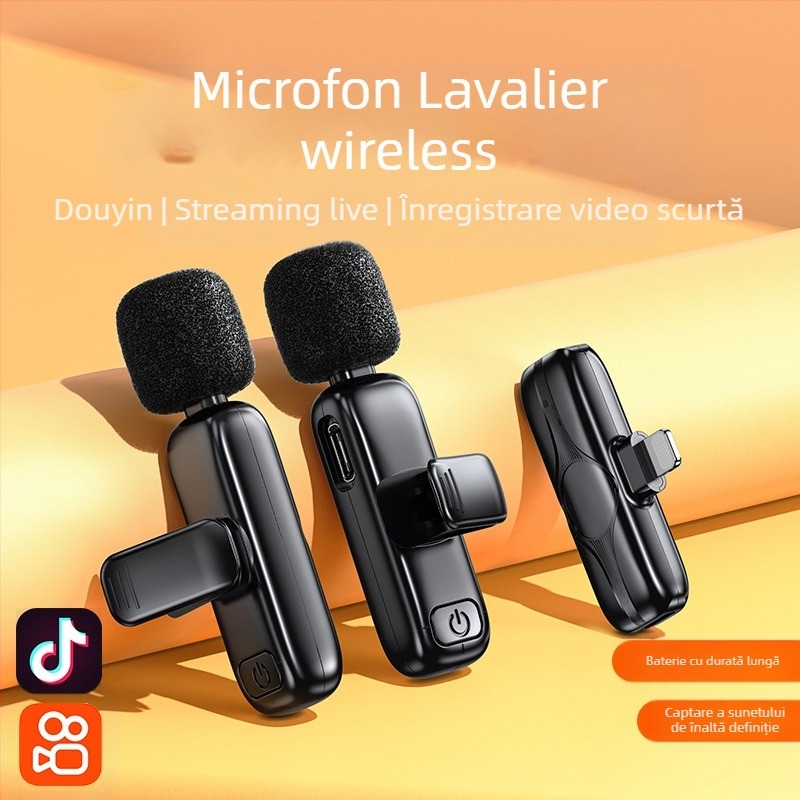 Microfon lavalier cablat pentru difuzare live, cu baterie încorporată de 300–500 mAh, răspuns în frecvențe 100 Hz–20 kHz, SNR ≥75 dB, intrare 5V