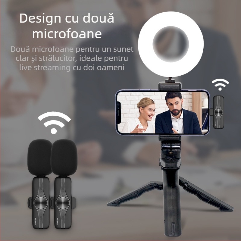 Microfon lavalier cablat pentru difuzare live, cu baterie încorporată de 300–500 mAh, răspuns în frecvențe 100 Hz–20 kHz, SNR ≥75 dB, intrare 5V