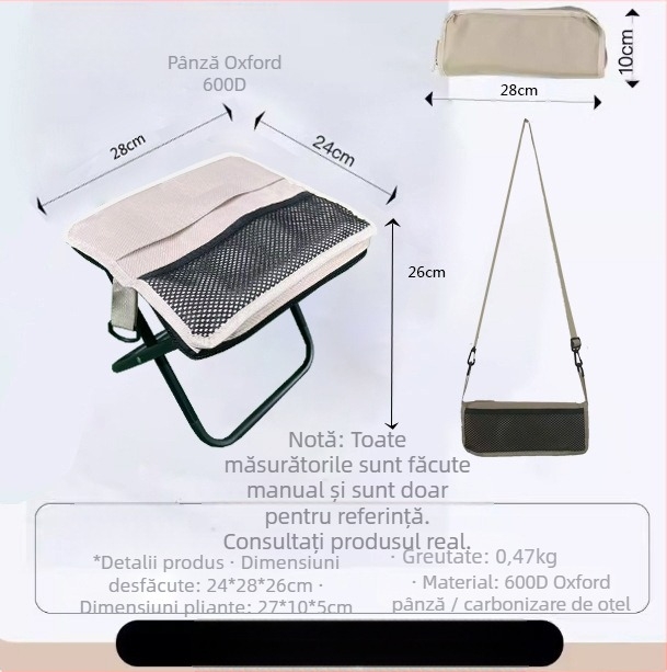 Scaun pliabil - oțel carbon, dimensiuni 28×23×26 cm, marcă Foreign man, portabil pentru camping și pescuit.