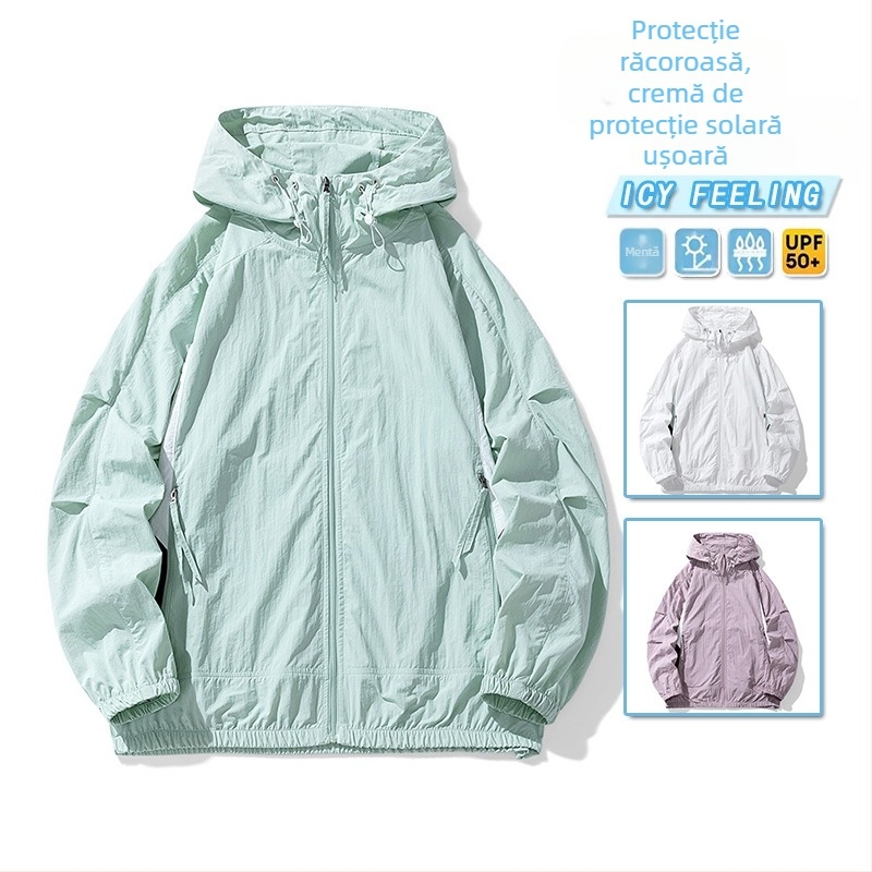 Palton unisex din nailon cu glugă, pentru vară – croială lejeră, UPF50+ protecție solară, fermoar frontal și buzunare cu fermoar