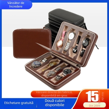 Cutie pentru ceas din piele, cu opt fermoare, capac cu fermoar, ambalaj cadou, interior căptușit