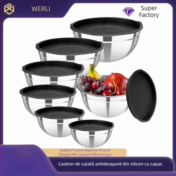 Set de boluri din oțel inoxidabil cu capace, stil modern minimalist, pentru salate, baterea ouălor și pregătire pentru coacere