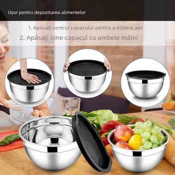 Set de boluri din oțel inoxidabil cu capace, stil modern minimalist, pentru salate, baterea ouălor și pregătire pentru coacere