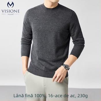 Pulover bărbătesc din lână 100% worsted, guler rotund, mâneci lungi, croială mulată, lungime medie 65-80 cm