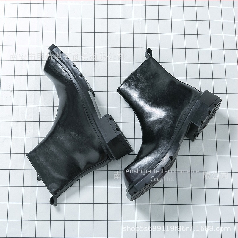 Ghete din piele pentru bărbați, vârf pătrat, partea superioară PU, talpă din cauciuc, fermoar lateral, toc mediu (3–5 cm)