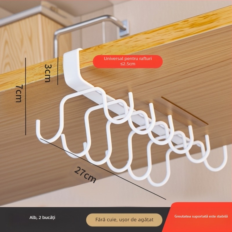 Cârlig de bucătărie sub dulap, fără găuri, pentru tacâmuri, prosoape și căni