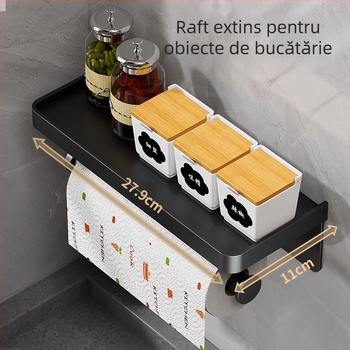 Suport pentru rolă de hârtie de bucătărie montat pe perete, fără găuri, din aluminiu spațial, finisaj anodizat