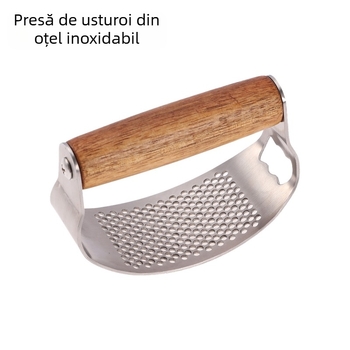 Presa de usturoi din oțel inoxidabil 430, cu mâner din lemn de acacia, funcționare manuală, stil modern minimalist