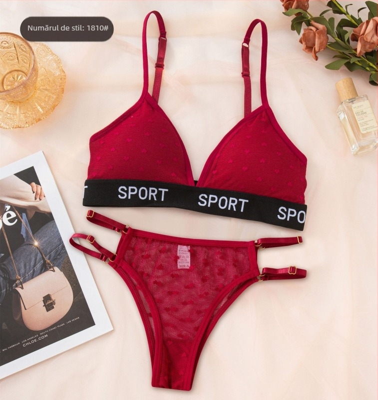 Set de lenjerie din dantelă fără armături, cupe triunghiulare, push-up și strângere, chiloți în formă de inimă, căptușeală din bumbac