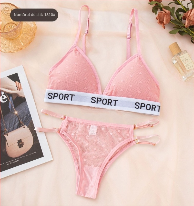 Set de lenjerie din dantelă fără armături, cupe triunghiulare, push-up și strângere, chiloți în formă de inimă, căptușeală din bumbac
