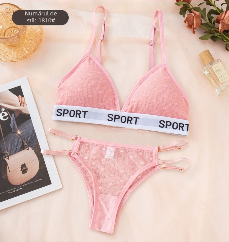 Set de lenjerie din dantelă fără armături, cupe triunghiulare, push-up și strângere, chiloți în formă de inimă, căptușeală din bumbac