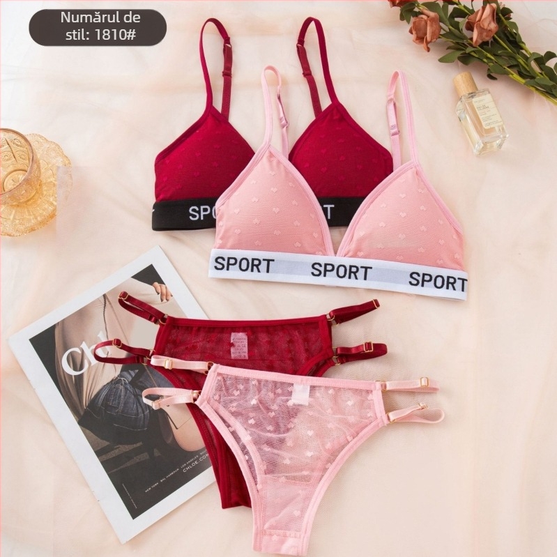 Set de lenjerie din dantelă fără armături, cupe triunghiulare, push-up și strângere, chiloți în formă de inimă, căptușeală din bumbac