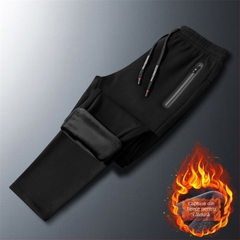 Pantaloni sport masculin pentru iarnă, căptuți cu fleece, croială lejeră, talie medie cu curea, șnur de strângere, culoare solidă, 95% bumbac
