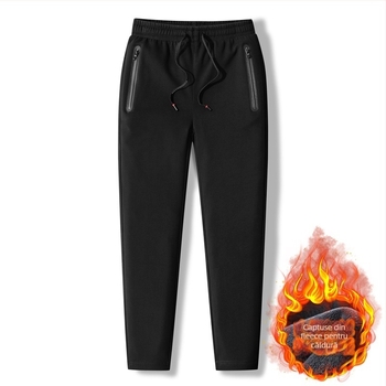 Pantaloni sport masculin pentru iarnă, căptuți cu fleece, croială lejeră, talie medie cu curea, șnur de strângere, culoare solidă, 95% bumbac
