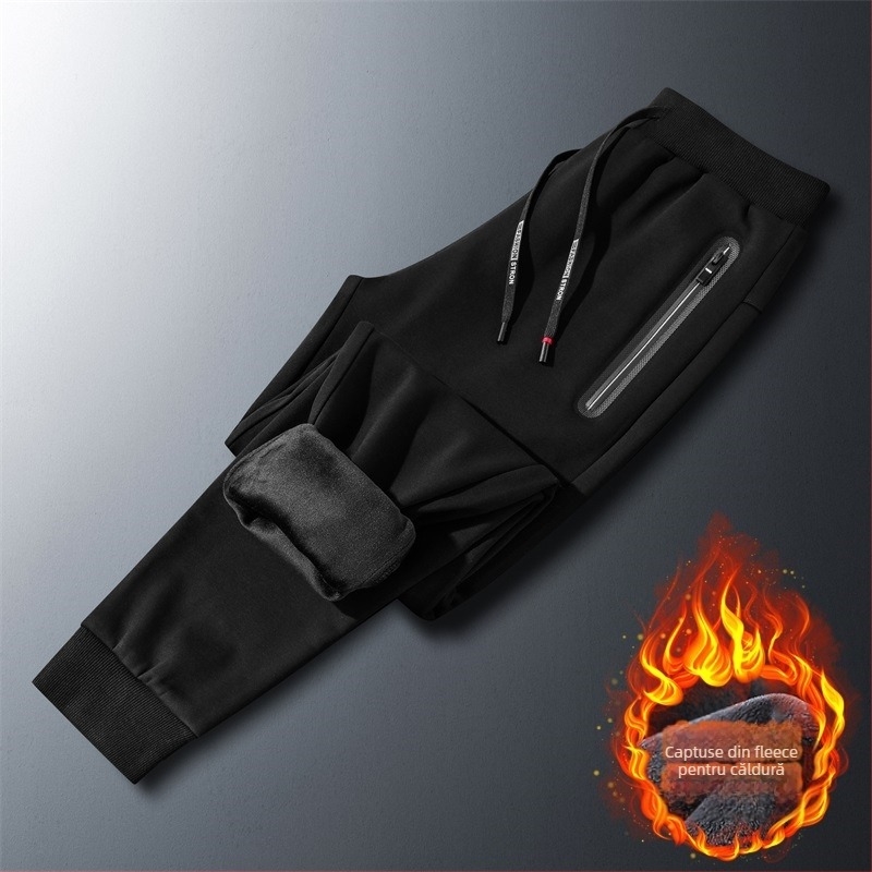 Pantaloni sport masculin pentru iarnă, căptuți cu fleece, croială lejeră, talie medie cu curea, șnur de strângere, culoare solidă, 95% bumbac