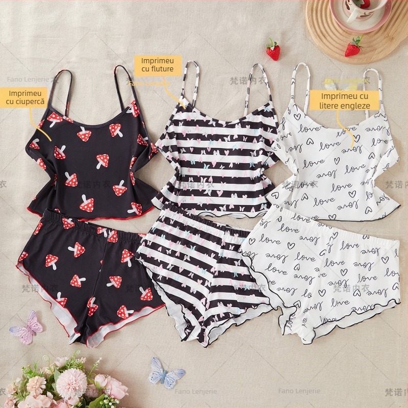 Set de pijamale cu bretele pentru femei - 90-95% poliester, respirabil, fără cusături, confortabil, stil dulce și drăguț