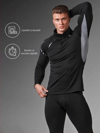 Top termic pentru bărbați cu căptușeală Milk Silk, guler înalt, mâneci lungi, poliester cu 10% spandex
