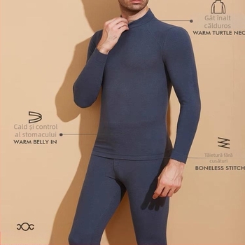 Set termic pentru bărbați, căptușit cu fleece, interior catifelat, guler semi-înalt, mâneci lungi și pantaloni, culoare solidă, greutate medie 181–200 g/m²