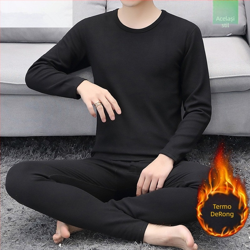 Set termic pentru bărbați, căptușit cu fleece, interior catifelat, guler semi-înalt, mâneci lungi și pantaloni, culoare solidă, greutate medie 181–200 g/m²