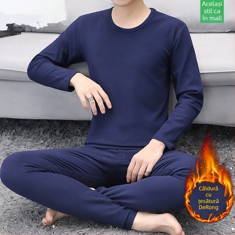 Set termic pentru bărbați, căptușit cu fleece, interior catifelat, guler semi-înalt, mâneci lungi și pantaloni, culoare solidă, greutate medie 181–200 g/m²