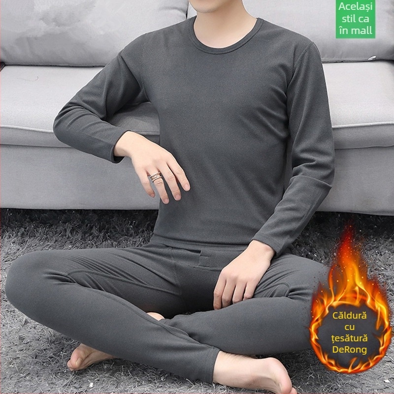 Set termic pentru bărbați, căptușit cu fleece, interior catifelat, guler semi-înalt, mâneci lungi și pantaloni, culoare solidă, greutate medie 181–200 g/m²