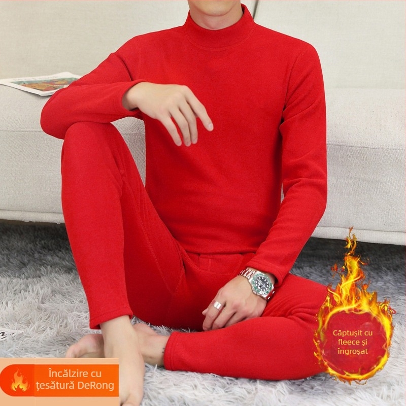 Set termic pentru bărbați, căptușit cu fleece, interior catifelat, guler semi-înalt, mâneci lungi și pantaloni, culoare solidă, greutate medie 181–200 g/m²