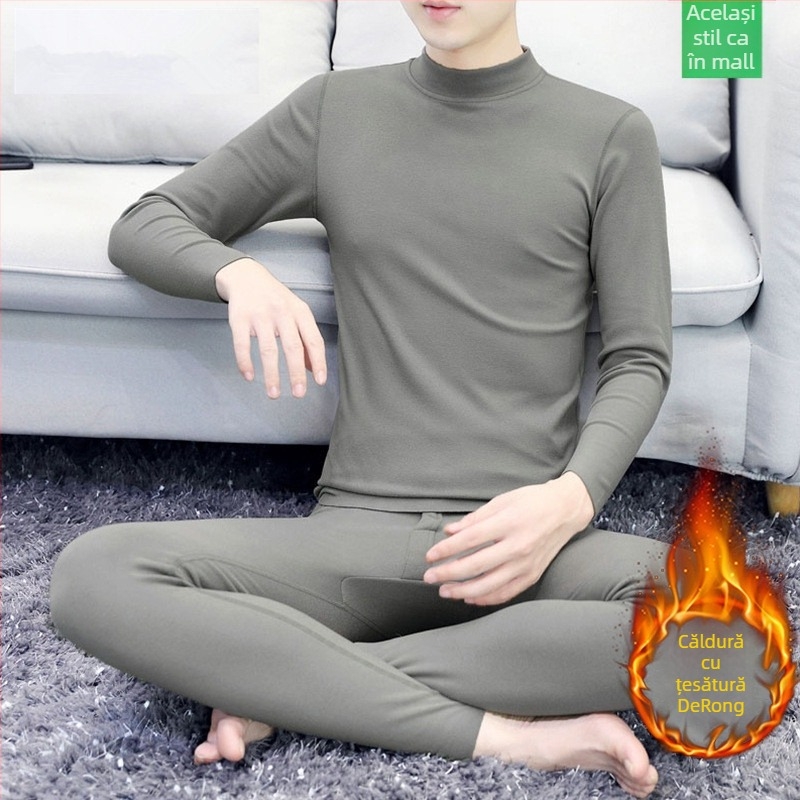 Set termic pentru bărbați, căptușit cu fleece, interior catifelat, guler semi-înalt, mâneci lungi și pantaloni, culoare solidă, greutate medie 181–200 g/m²