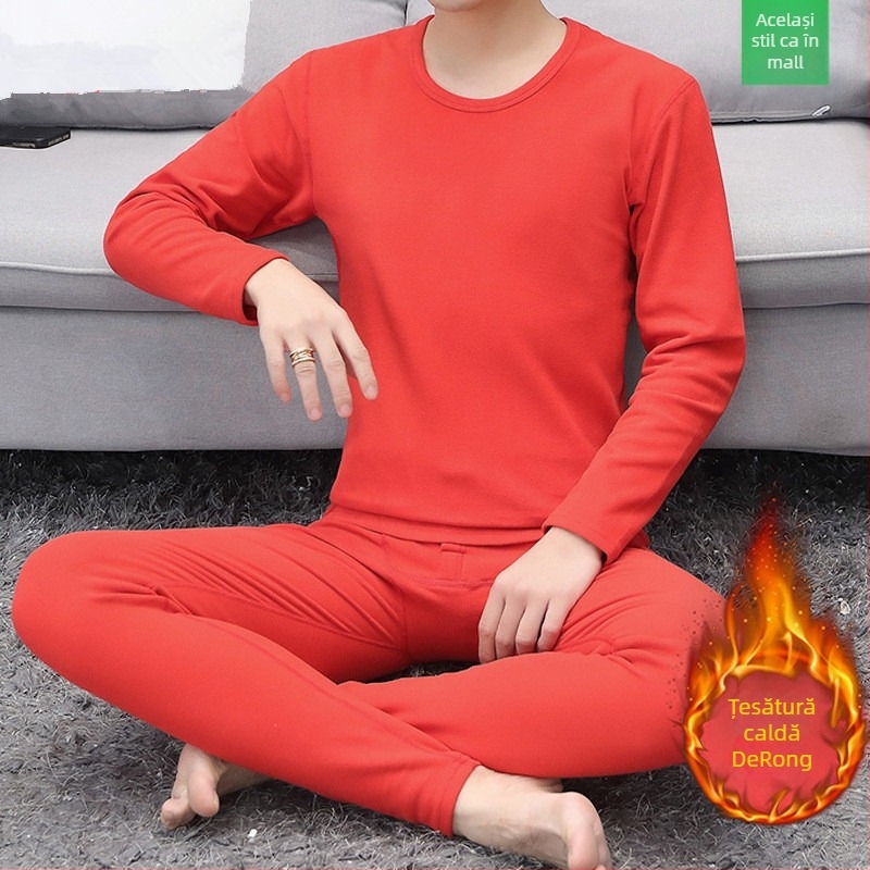 Set termic pentru bărbați, căptușit cu fleece, interior catifelat, guler semi-înalt, mâneci lungi și pantaloni, culoare solidă, greutate medie 181–200 g/m²