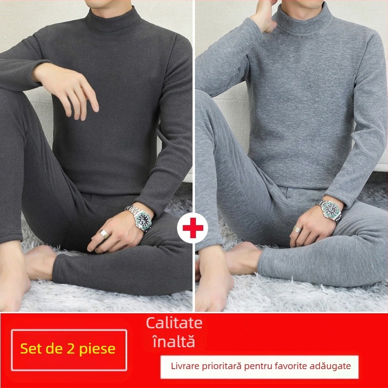 Set termic pentru bărbați, căptușit cu fleece, interior catifelat, guler semi-înalt, mâneci lungi și pantaloni, culoare solidă, greutate medie 181–200 g/m²