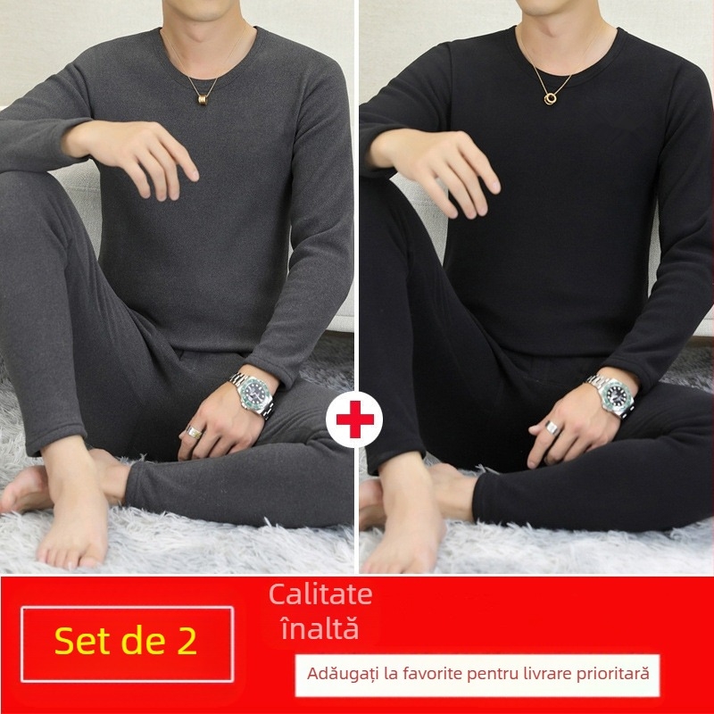 Set termic pentru bărbați, căptușit cu fleece, interior catifelat, guler semi-înalt, mâneci lungi și pantaloni, culoare solidă, greutate medie 181–200 g/m²