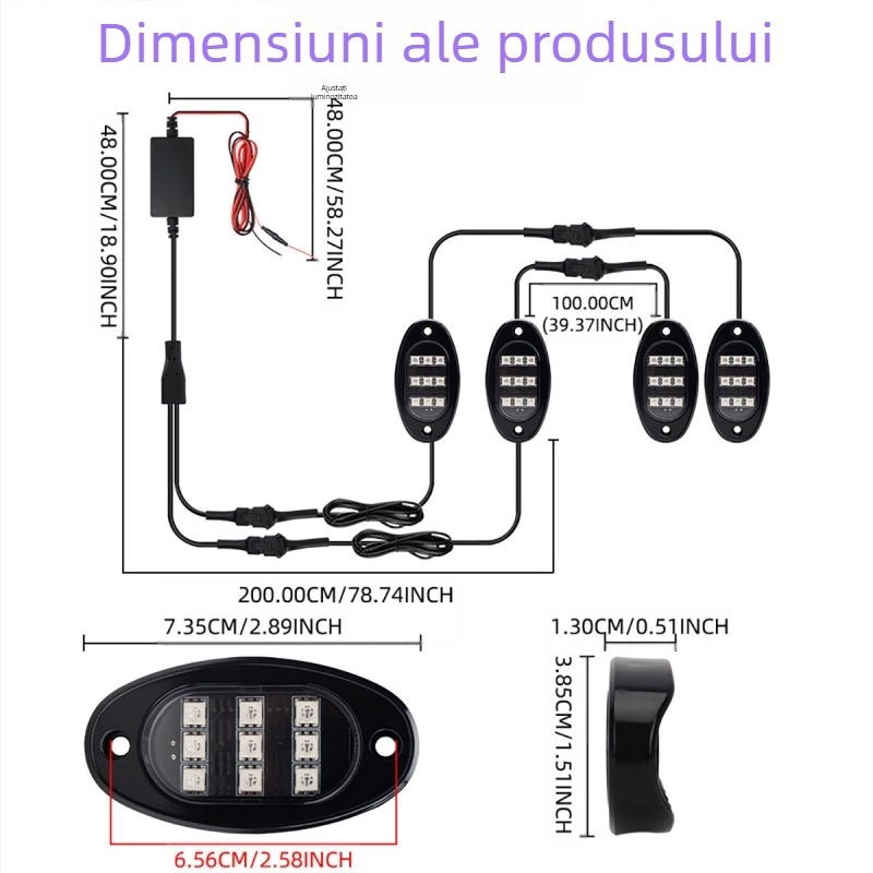 Iluminare ambientală LED pentru sub caroserie cu control prin aplicație — 12V, universal, model qfd152