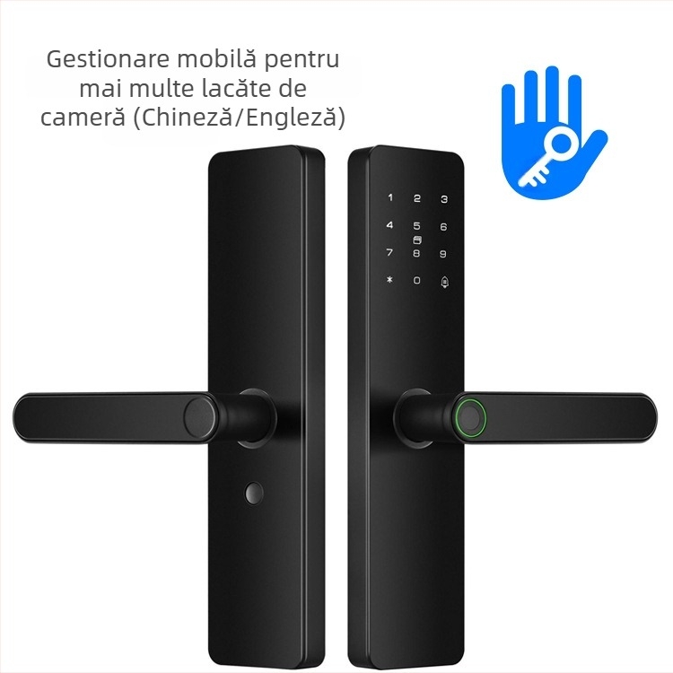 Încuiătoare electronică inteligentă pentru uși interioare din lemn, cu amprentă, palmă, parolă, recunoaștere facială și deblocare la distanță; panou din aliaj de aluminiu