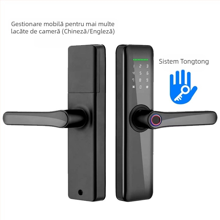 Încuiătoare electronică inteligentă pentru uși interioare din lemn, cu amprentă, palmă, parolă, recunoaștere facială și deblocare la distanță; panou din aliaj de aluminiu