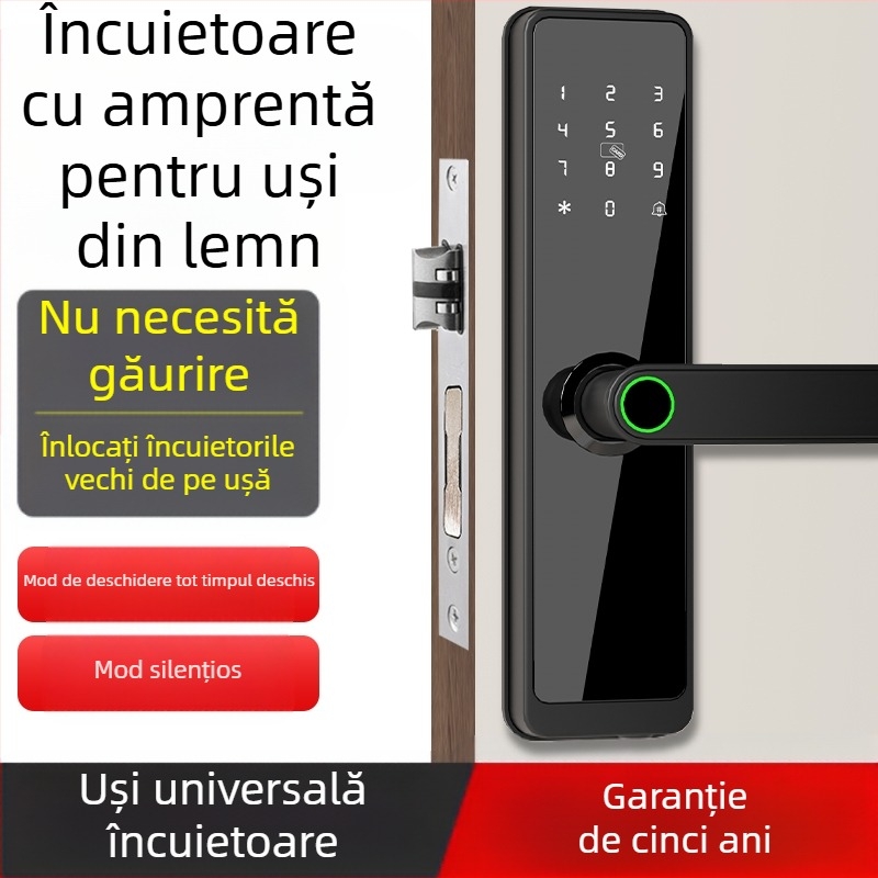 Încuiătoare electronică inteligentă pentru uși interioare din lemn, cu amprentă, palmă, parolă, recunoaștere facială și deblocare la distanță; panou din aliaj de aluminiu