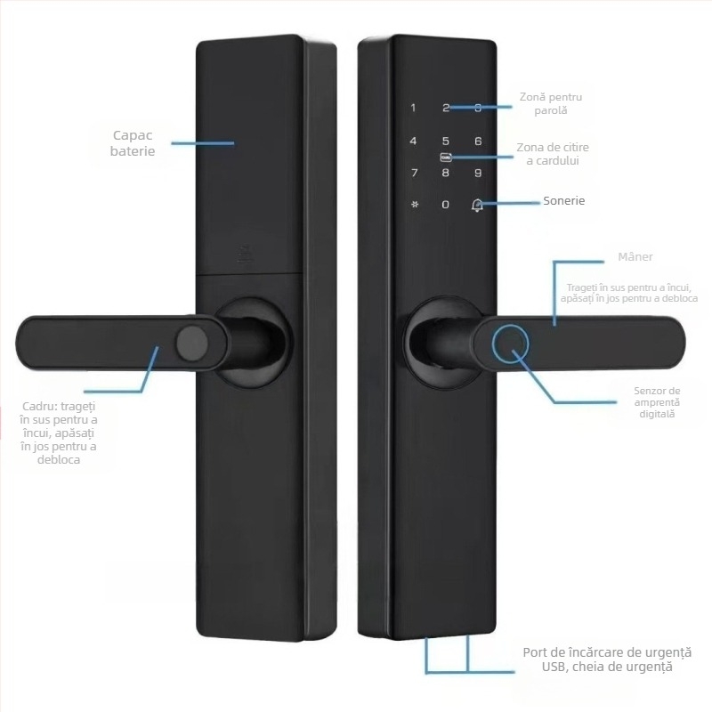 Încuiătoare electronică inteligentă pentru uși interioare din lemn, cu amprentă, palmă, parolă, recunoaștere facială și deblocare la distanță; panou din aliaj de aluminiu