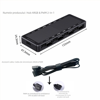 Hub ARGB PWM dublu pentru ventilatoare PC, suportă 8 ventilatoare, control PWM al vitezei, sincronizare ARGB, model LP-8P-HUB