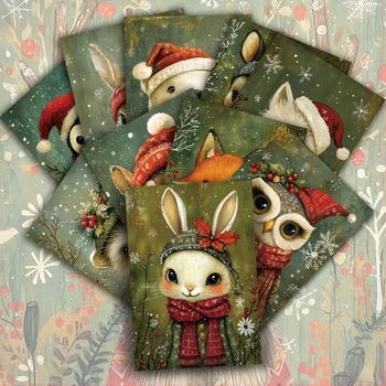 Felicitări de Crăciun cu animale, set de 20 bucăți, cu vulpe, iepure și șoarece purtând pălărie și fular de Crăciun; stil vintage