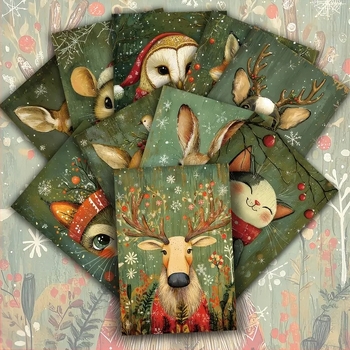 Felicitări de Crăciun cu animale, set de 20 bucăți, cu vulpe, iepure și șoarece purtând pălărie și fular de Crăciun; stil vintage