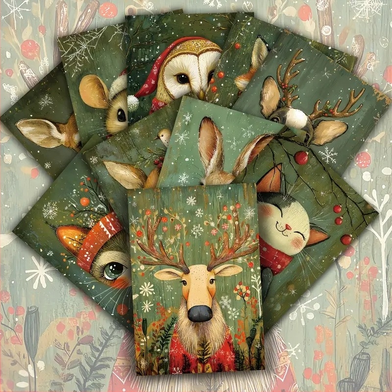 Felicitări de Crăciun cu animale, set de 20 bucăți, cu vulpe, iepure și șoarece purtând pălărie și fular de Crăciun; stil vintage