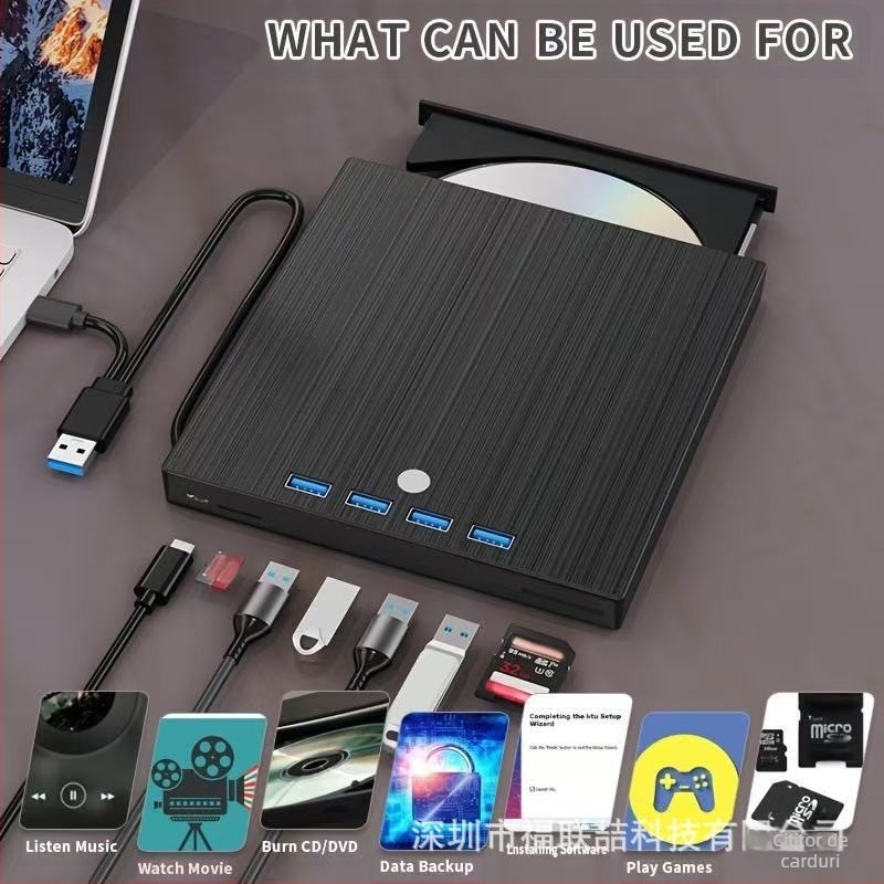 Recorder extern DVD 7 în 1 cu USB 3.0 și Type-C, încărcare prin tavă, citire 24x, scriere 8x, suport DVD-RW