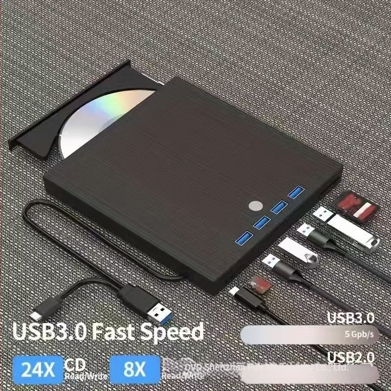 Recorder extern DVD 7 în 1 cu USB 3.0 și Type-C, încărcare prin tavă, citire 24x, scriere 8x, suport DVD-RW