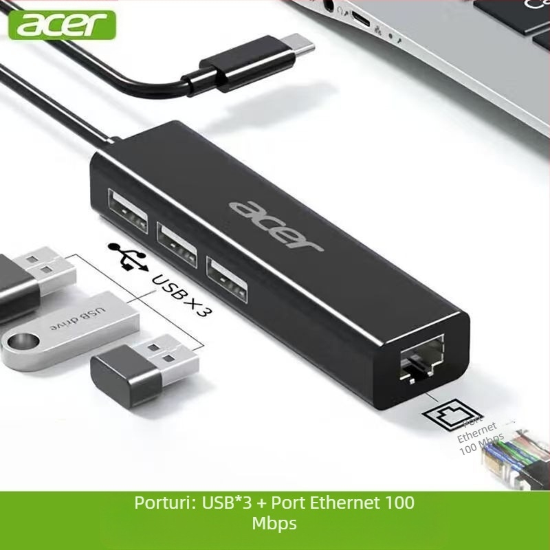 Acer adaptor Type-C către Ethernet cu hub USB HY41-T41, USB 2.0, 100 Mbps, splitter de la 1 la 4