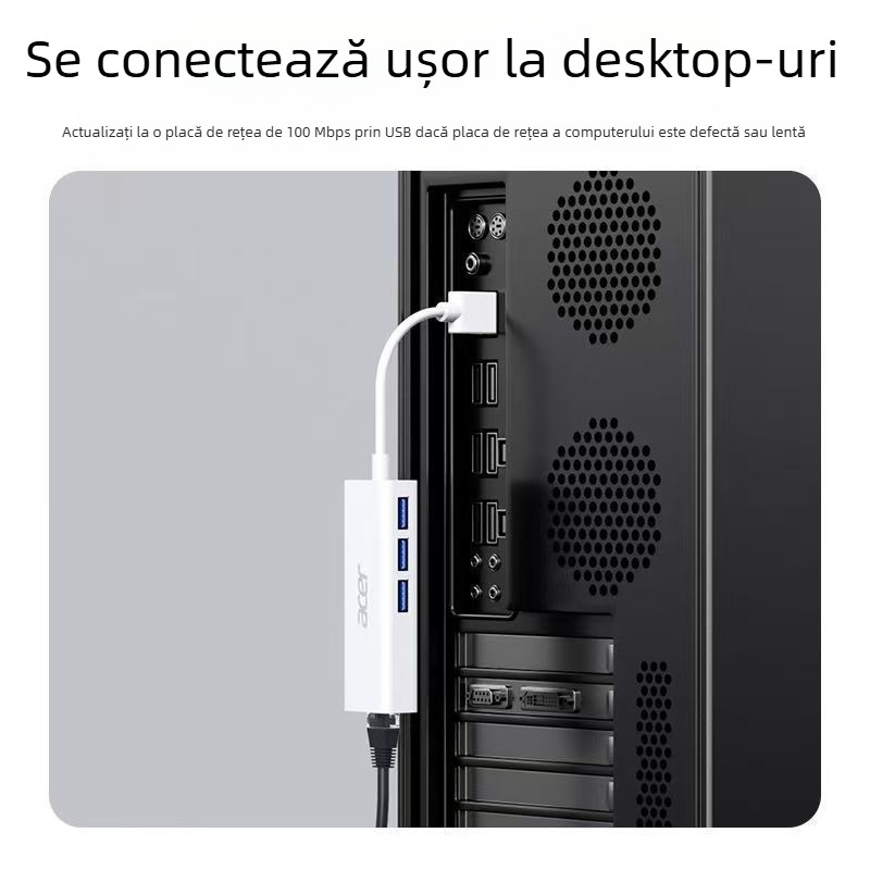 Acer adaptor Type-C către Ethernet cu hub USB HY41-T41, USB 2.0, 100 Mbps, splitter de la 1 la 4