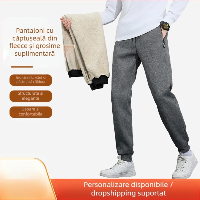 Pantaloni jogger pentru bărbați, căptuțiți cu fleece pentru iarnă, croială lejeră, talie medie, 100% poliester