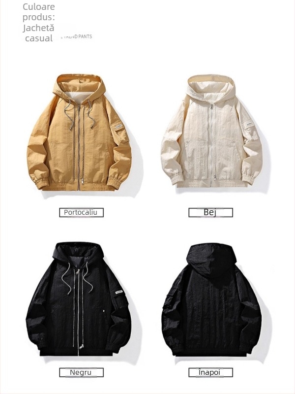 Jachetă bărbătească cu glugă – mâneci lungi, stil retro aviator, țesătură ușoară din amestec fibră metalică, poliester