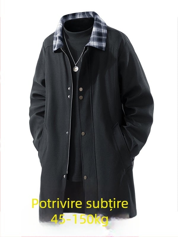 Jachetă de bărbați, lungime medie, patchwork în carouri, guler rabat, fermoar frontal, buzunare laterale